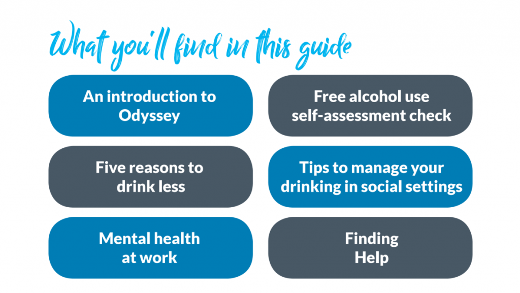 Headings about what you'll find in this guide. An introduction to Odyssey House. Five reasons to drink less. Mental health at work. Free alcohol self-assessment check. Tips to manage your drinking in social settings. Finding help.