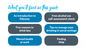 Headings about what you'll find in this guide. An introduction to Odyssey House. Five reasons to drink less. Mental health at work. Free alcohol self-assessment check. Tips to manage your drinking in social settings. Finding help.
